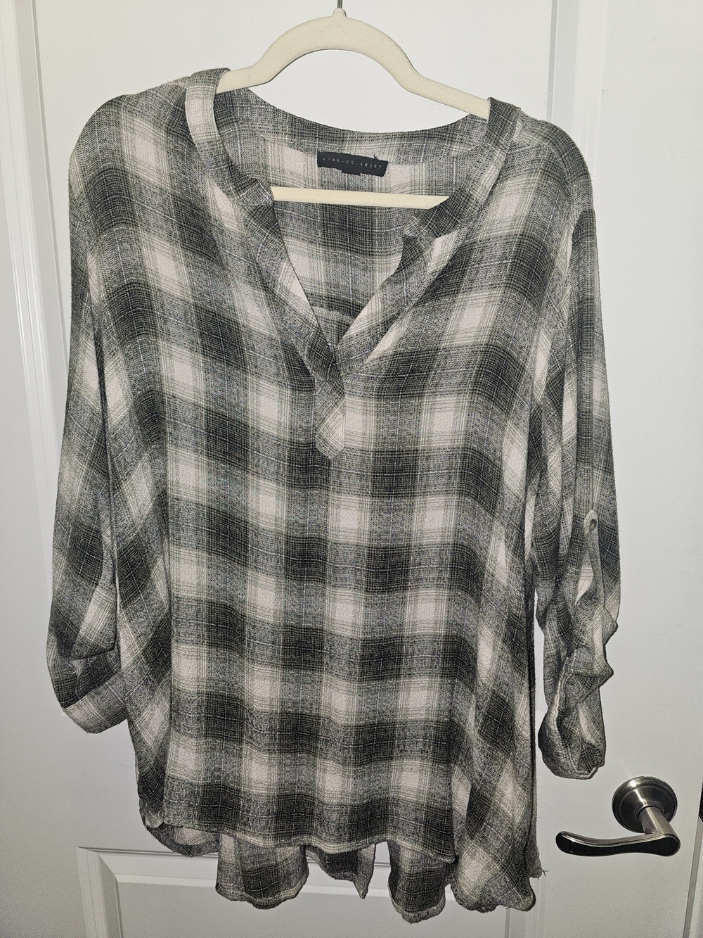 Jane and Delancey Black & White Plaid V-Neck Roll-Tab Tunic